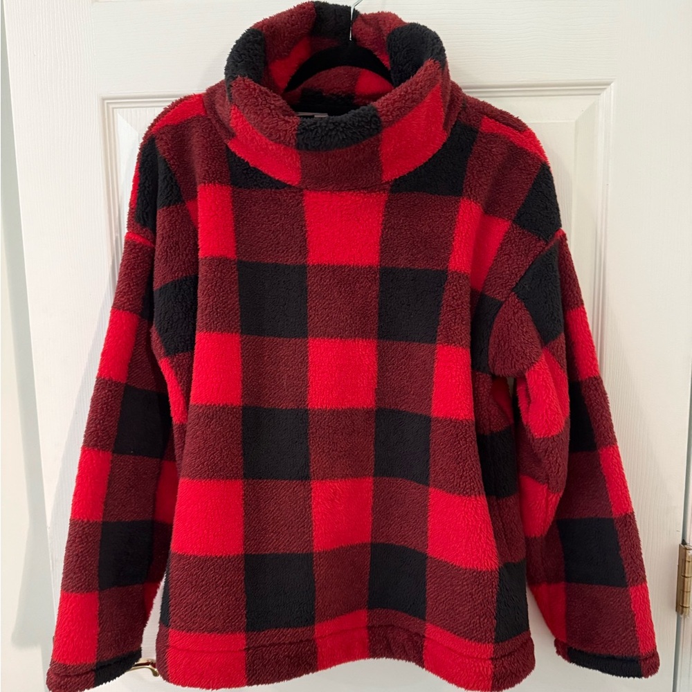 Never worn- LOFT Buffalo Plaid Mock Neck Sherpa – Size Medium